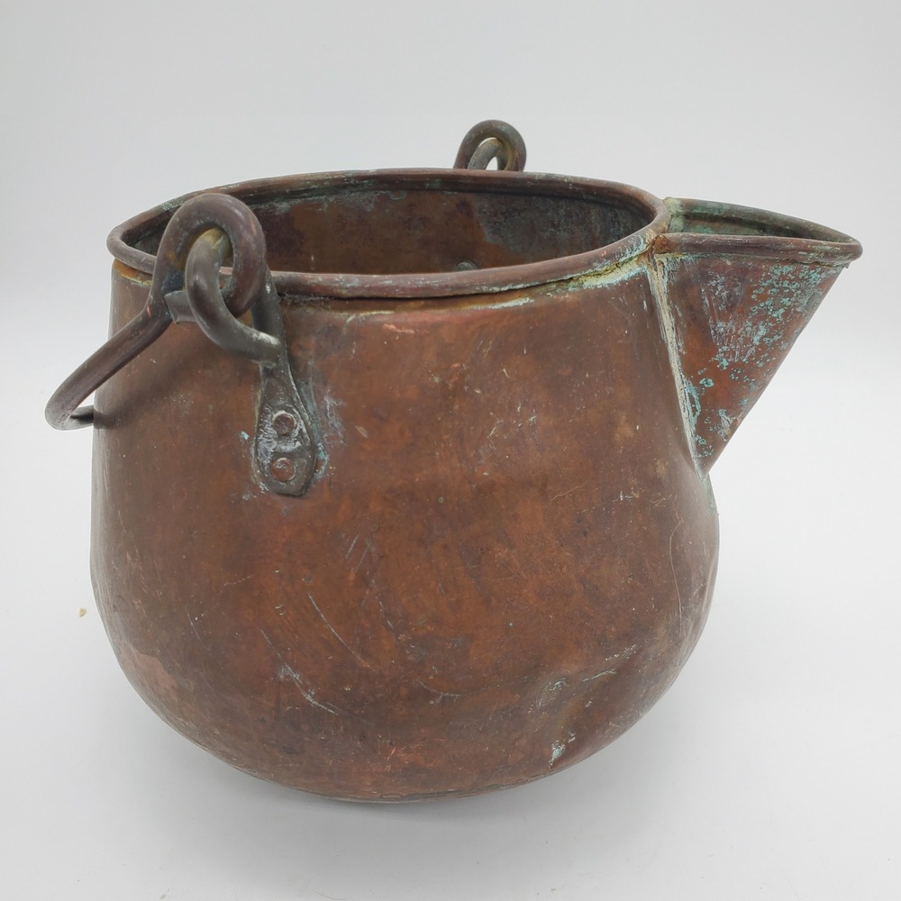 Antique Primitive Copper Kettle Cauldron Spout Iron Handle Verdigris Patina 6in